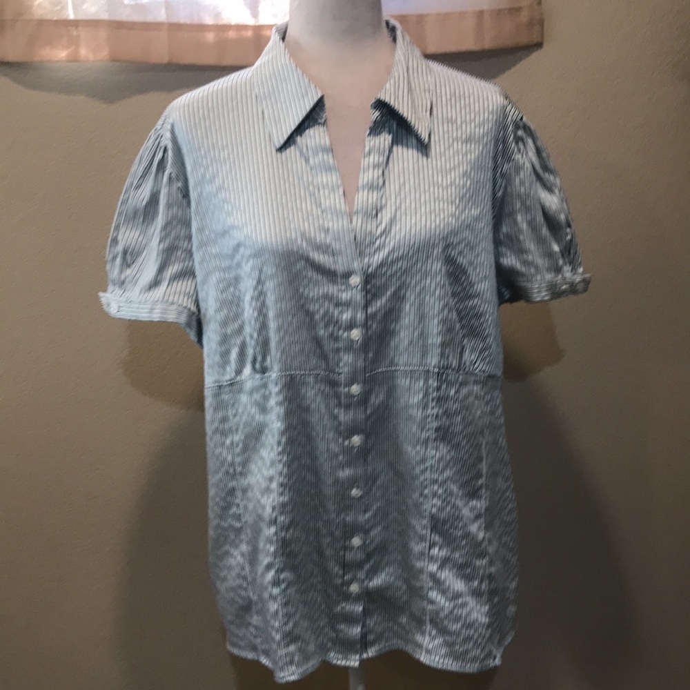 Worthington Striped Cotton Blend Blouse Button Front Short Sleeves Round Hem-2X - Picture 1 of 13